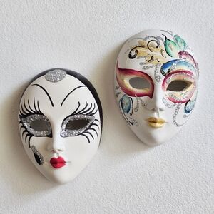Vintage Ceramic Hand-Painted Miniature Masks Venetian Mardi Gras Boho Wall Decor